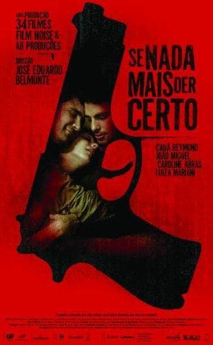 Contornos de uma pistola, em preto, sobre um fundo vermelho. Dentro da imagem da pistola as personagens do filme se abraçam.